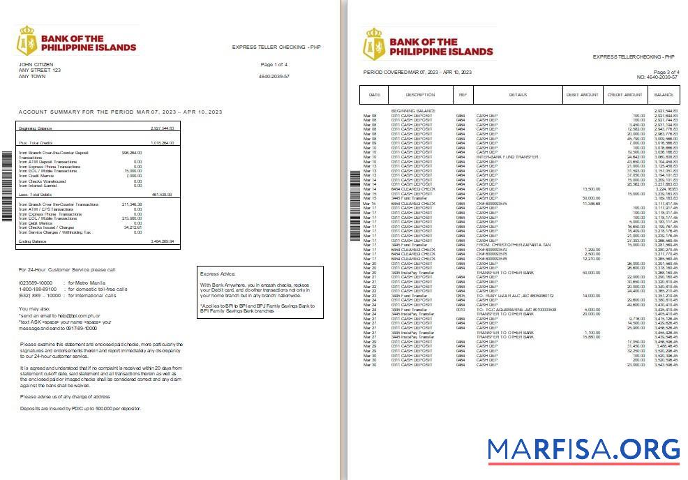 Downloadable Philippines Bank of the Philippine Islands bank statement word 2 pages real example